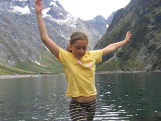 Emma practising ballet on Lake Marion, Fiordland NP, NZ