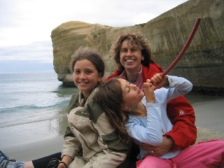 Cheryl, Emma, and Tessa at Tunnel Beach, Otago, NZ